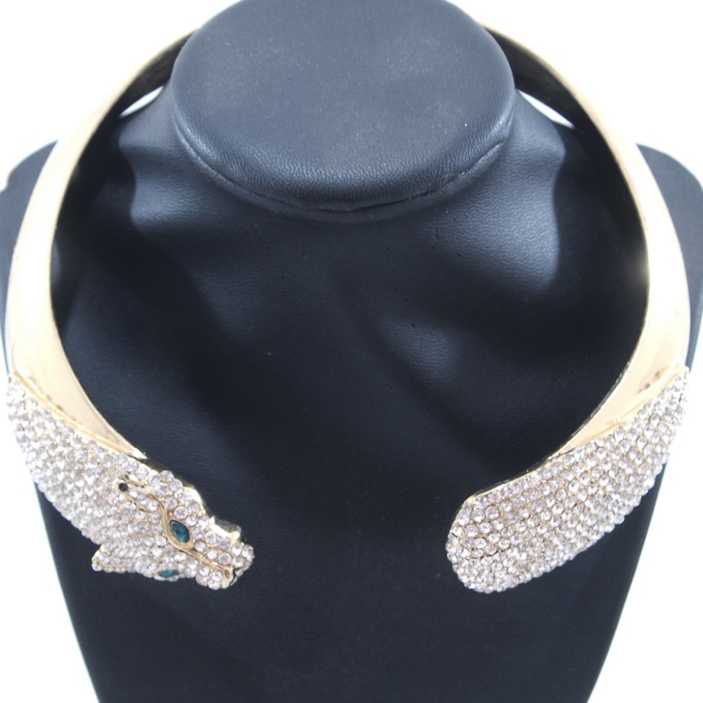 Gold Tone Rhinestone Panther Bangle Necklace